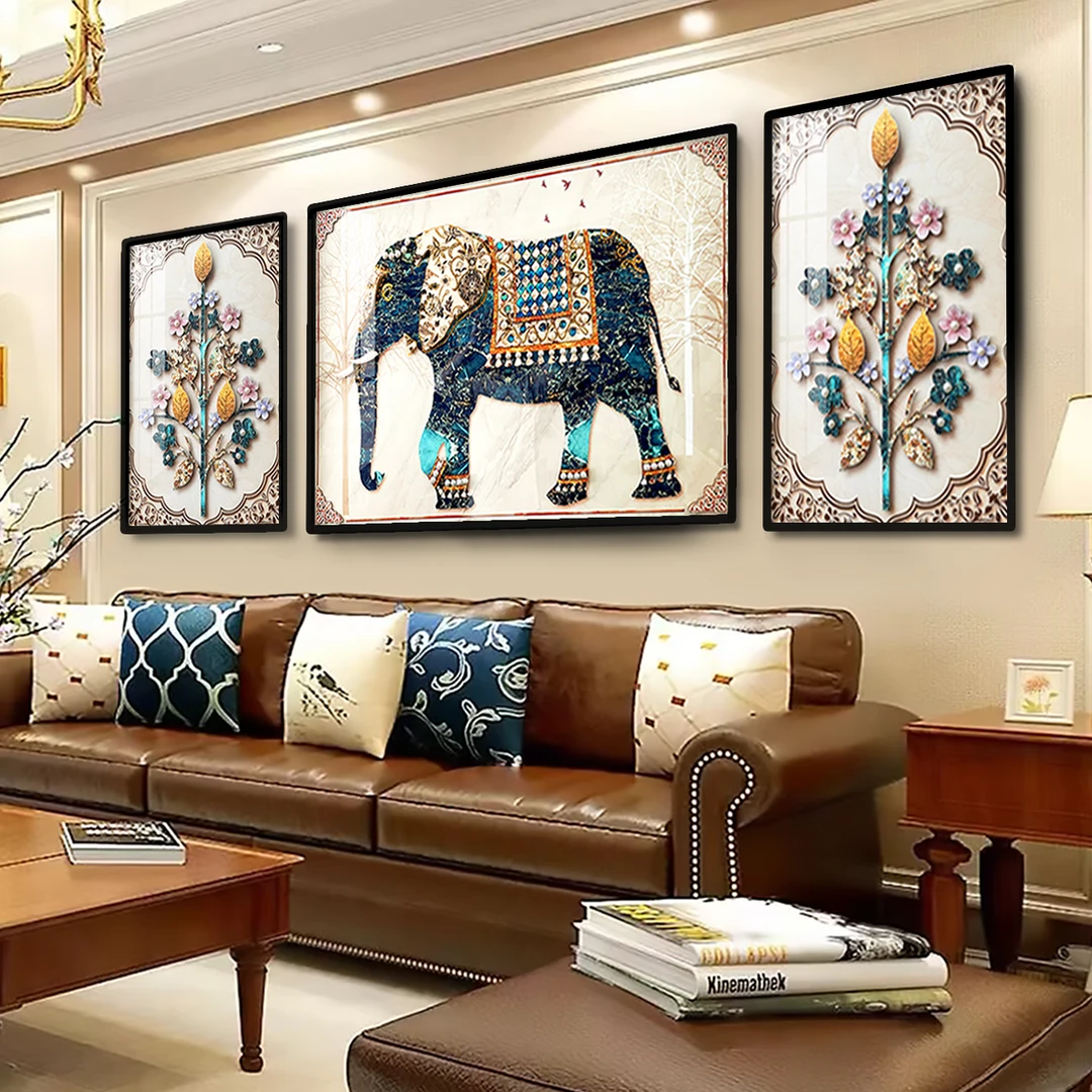 【梓涵晶雕】美式大象装饰画客厅沙发轻奢欧式复古大气新中式三联画