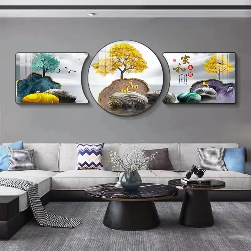 珠联璧合客厅三联画晶瓷简约立体装饰画五福临门高级轻奢挂画大气