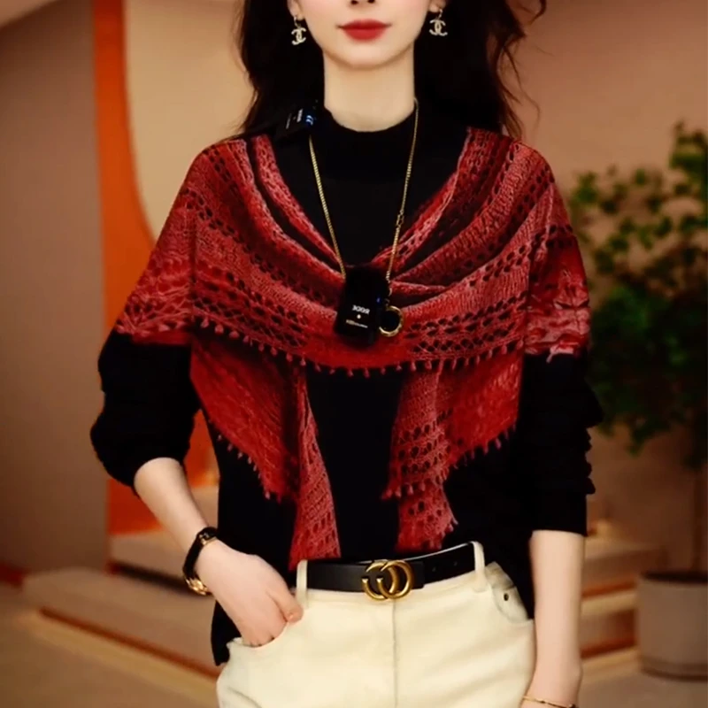 W6023设计师款红色围巾定位印花加绒加厚打底上衣女秋冬