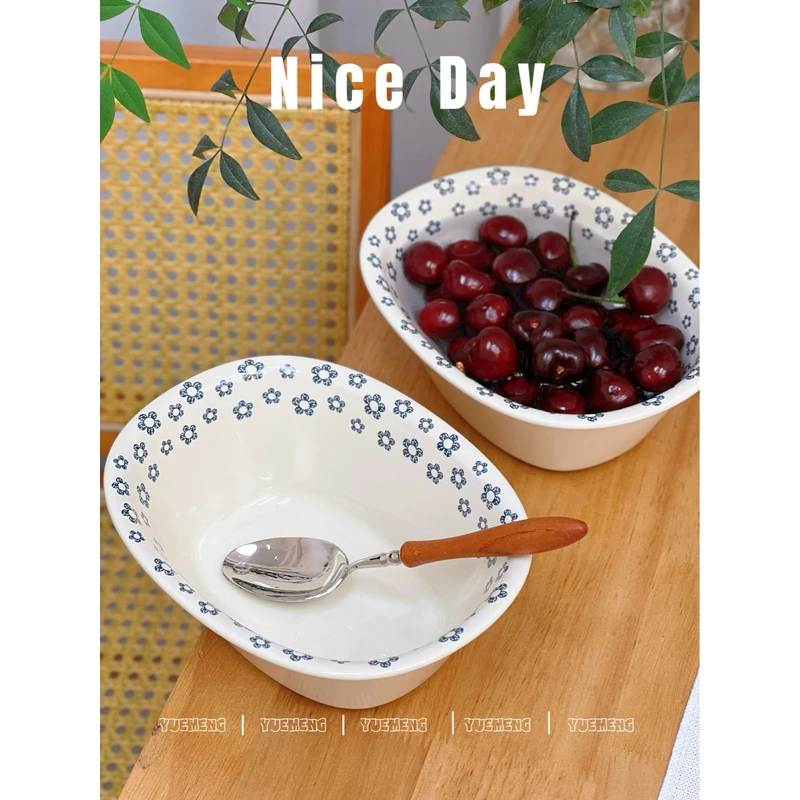 悦檬食器 小蓝朵椭圆果盘沙拉碗菜碗汤碗家用餐具日式盘