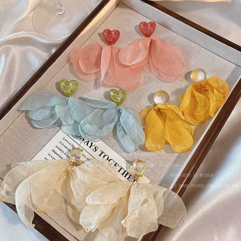 非金属布艺耳饰 超仙彩色网纱花朵耳环女耳钉度假风气质流苏耳饰