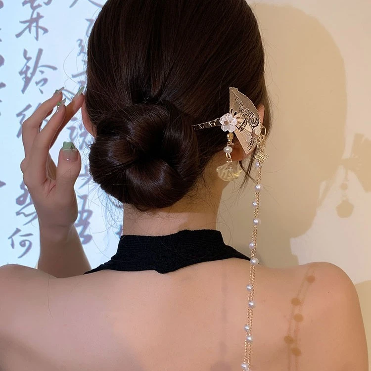 合金发饰 古风扇子流苏发簪女夏旗袍头饰簪子后脑勺发钗