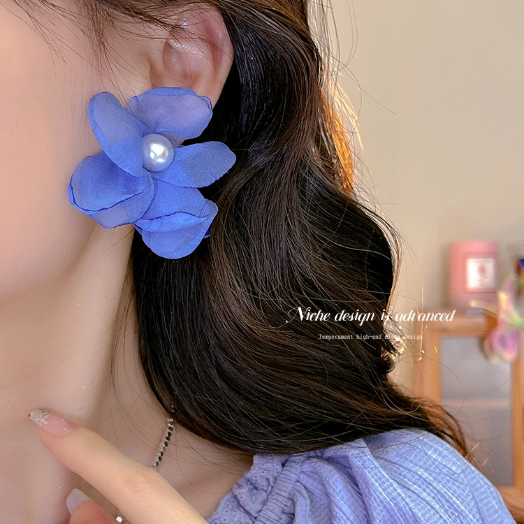 非金属布艺耳饰 超仙网纱蓝色花朵耳钉女高级感耳钉轻奢夏天耳饰