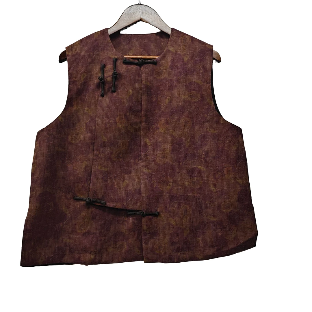 新中式复古国风马夹 宽松紫色提花棋盘格后喷马甲香云纱麻印花