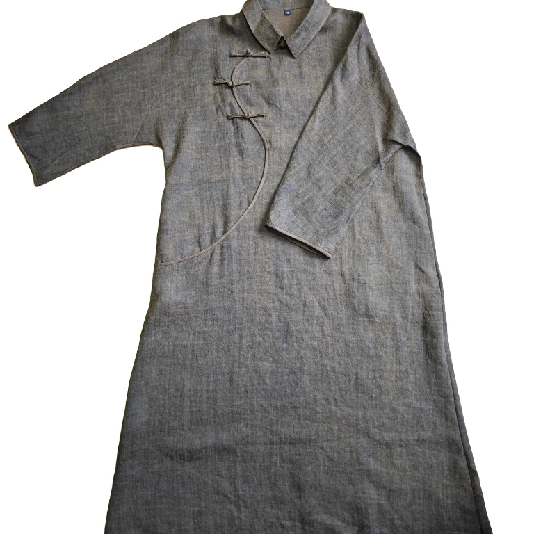 休闲纯苎麻复古长袖咖金袍子，纯苎麻香云衣，拍了截图，面料透气