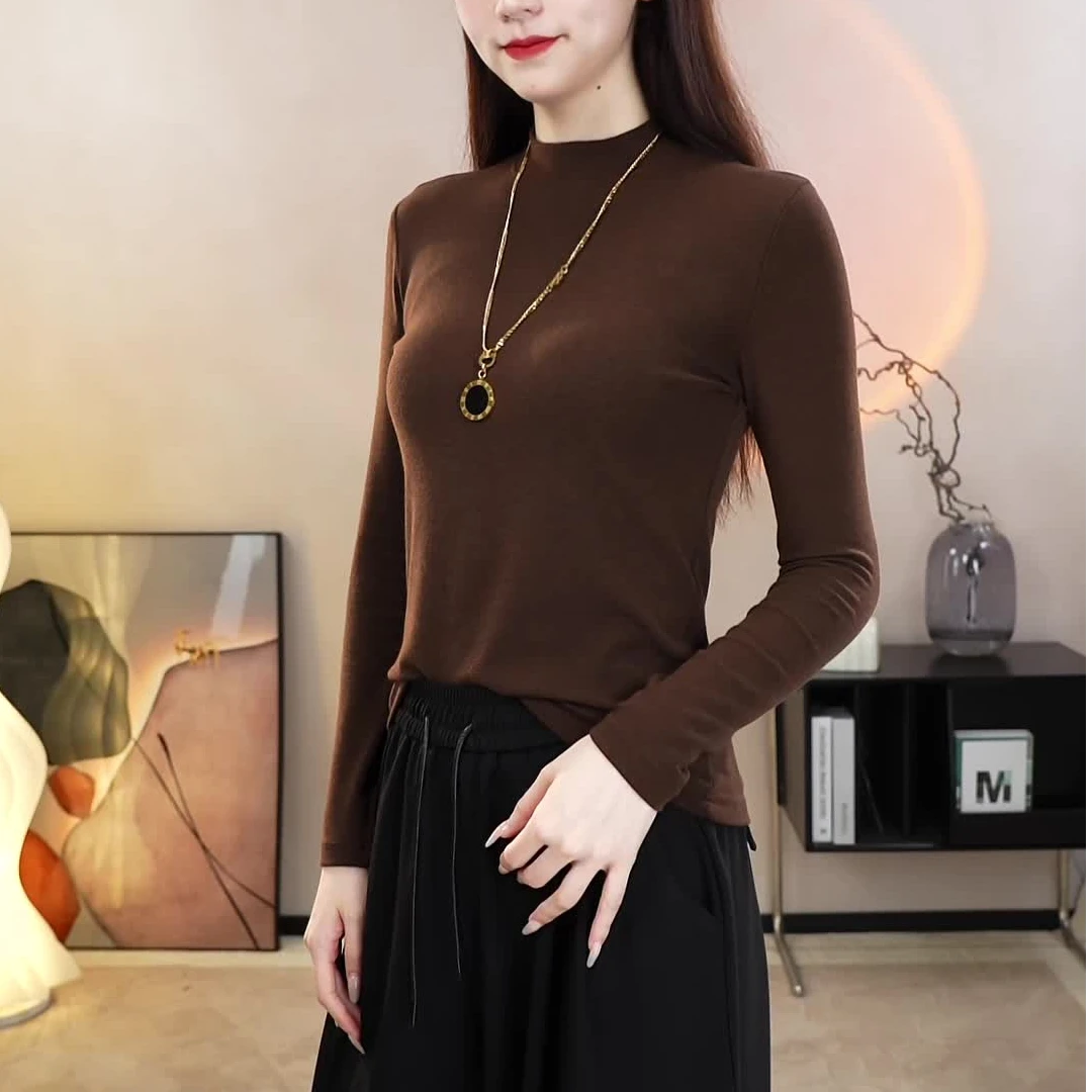 【静奢风】春季新款打底衫简约内搭曲面螺纹棉木天丝长袖t恤女款3