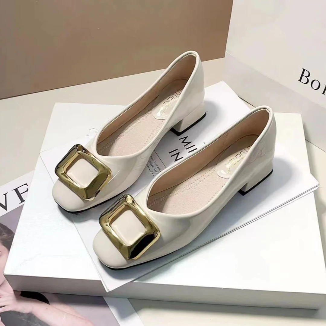 【朵苮品牌】 时尚百搭浅口粗跟漆皮软底气质皮鞋跟鞋夏季单鞋女鞋