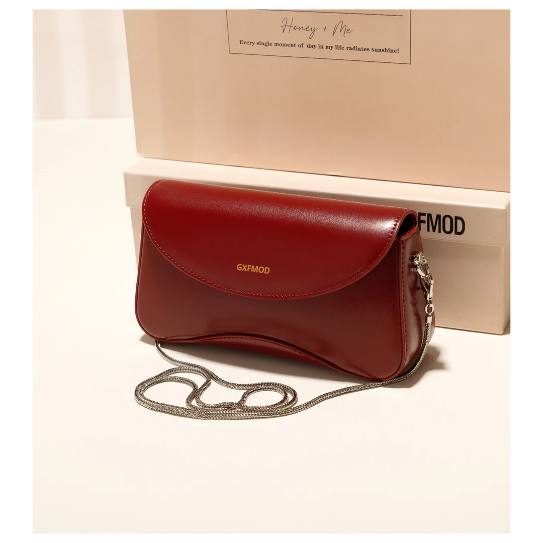 GXFMOD法式牛皮包包女复古红色小挎包2025新款ins单肩斜挎链条包