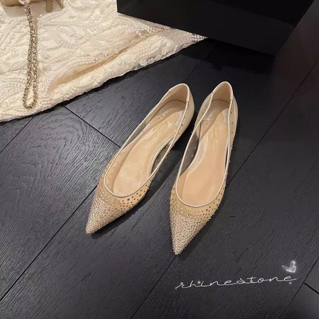 【手工女鞋专用】 温柔似你~香槟色尖头水钻网纱单鞋女烫钻平底鞋
