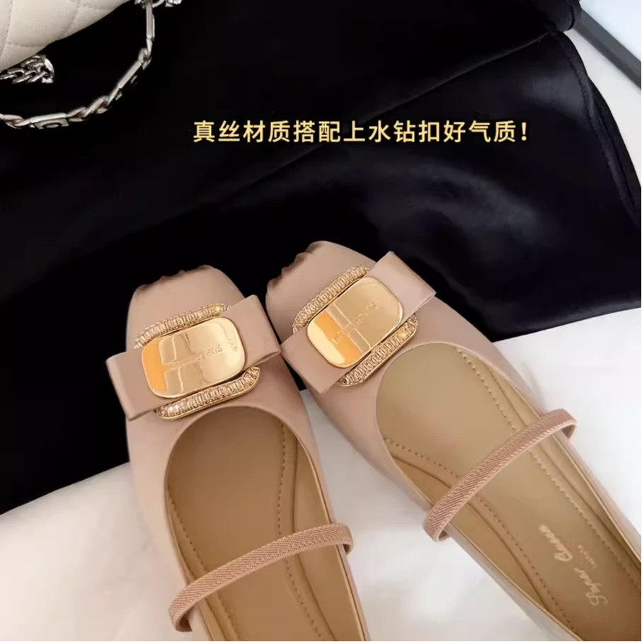 2025新品钻扣方头蝴蝶结芭蕾鞋软底平底单鞋猪鼻鞋