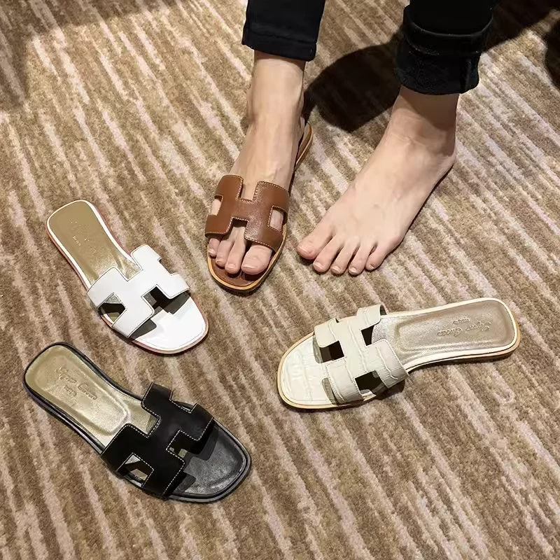 2024网红拖鞋 鳄鱼纹杏色真皮H拖鞋女 平跟一字拖凉拖鞋女夏外穿