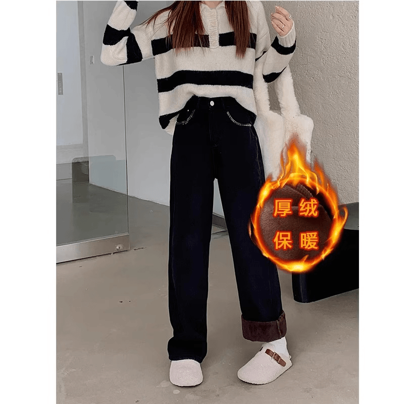 酷林森琪加绒牛仔裤女秋冬款高腰显瘦大码胯宽腿粗宽松垂感直筒裤
