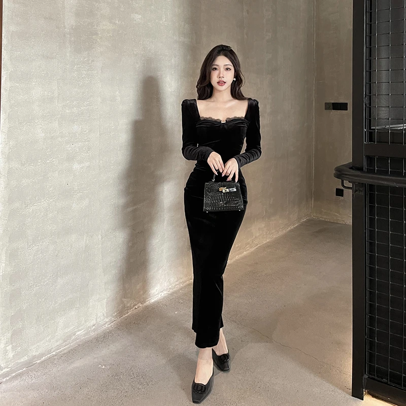 【曼城旧事】秋冬黑色蕾丝方领连衣裙长袖高腰时尚复古法式修身长裙