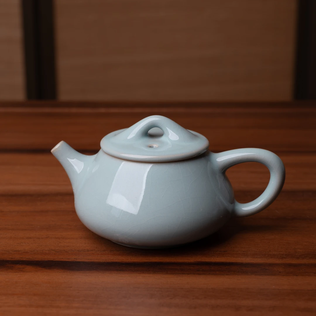 运圈支钉石瓢壶天青釉月白釉满釉汝州原矿汝瓷210cc手工茶壶汝窑