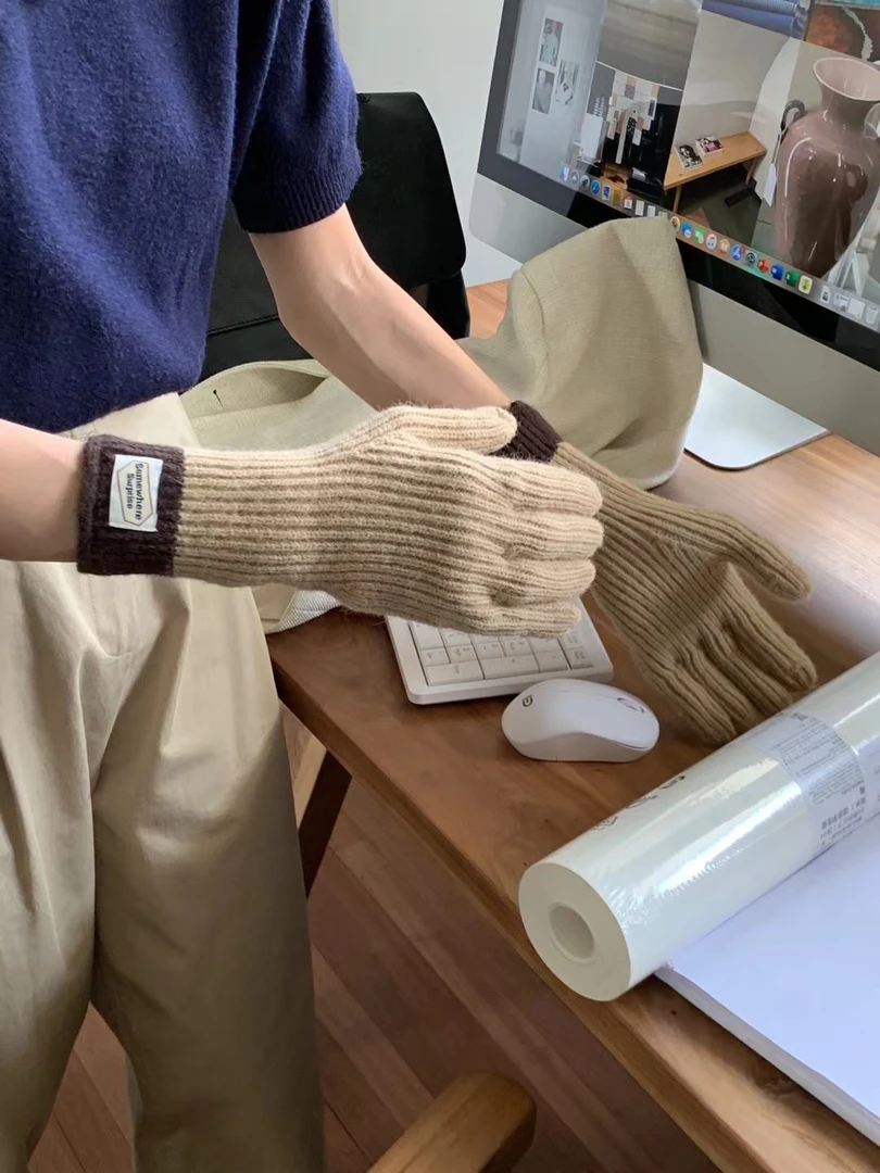 2025韩版拼色毛线漏指手套 冬季骑行保暖百搭时尚手指套女