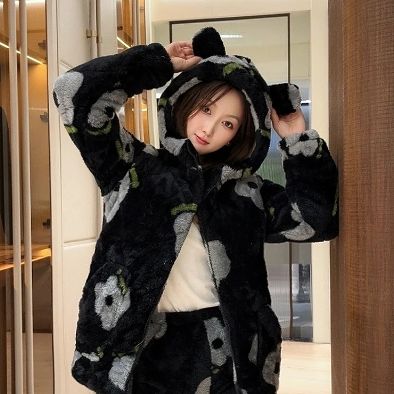 冬季新款三层夹棉加厚法兰绒珊瑚绒可外出家居服