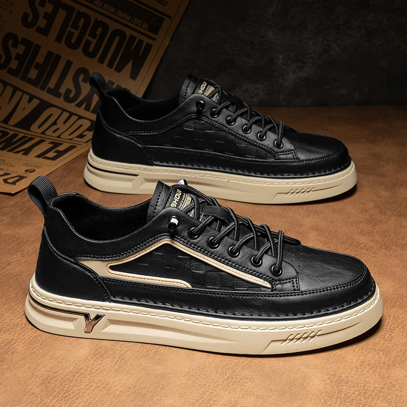 皮面男鞋秋季时尚黑色男士潮鞋软底运动休闲板鞋男款春季潮流百搭