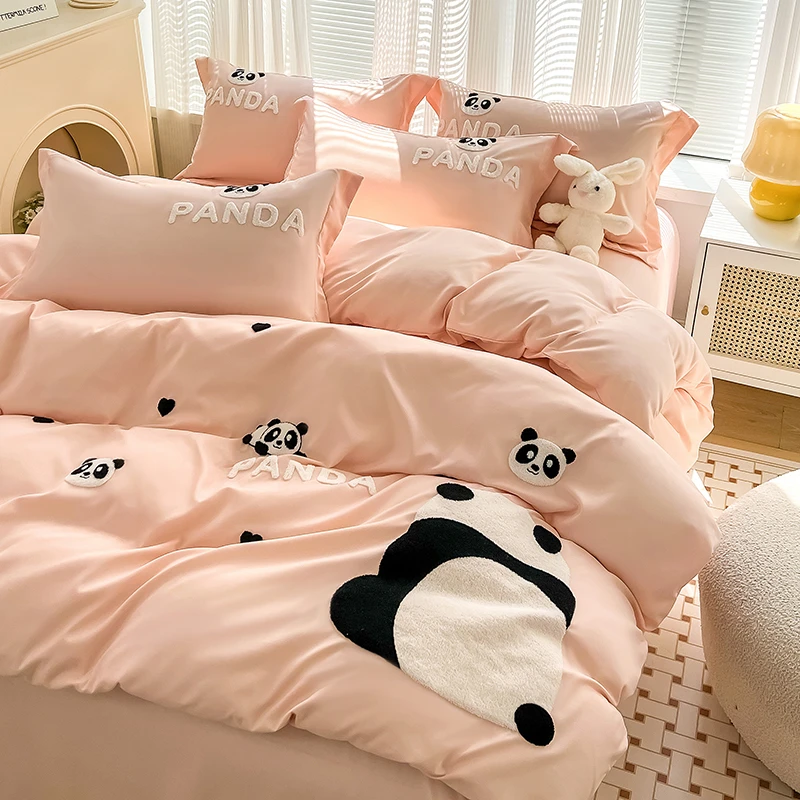 卡通熊猫刺绣床上用品四件套床单被罩被套床笠学生宿舍单人三件套
