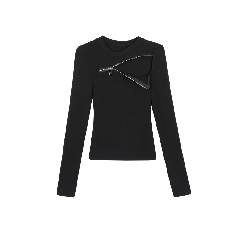 修身百搭辣妹露肩打底斜肩上衣女秋小众打底衫拉链设计感长袖T恤