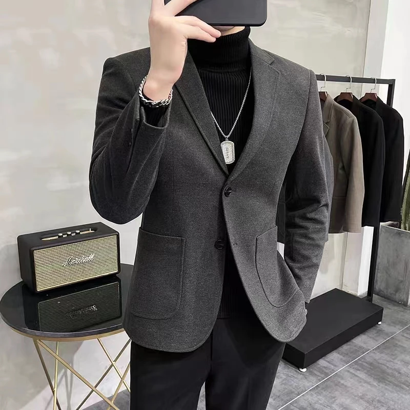 秋冬款季厚款毛呢西装外套男休闲高级感灰色西服上衣单西韩版潮流