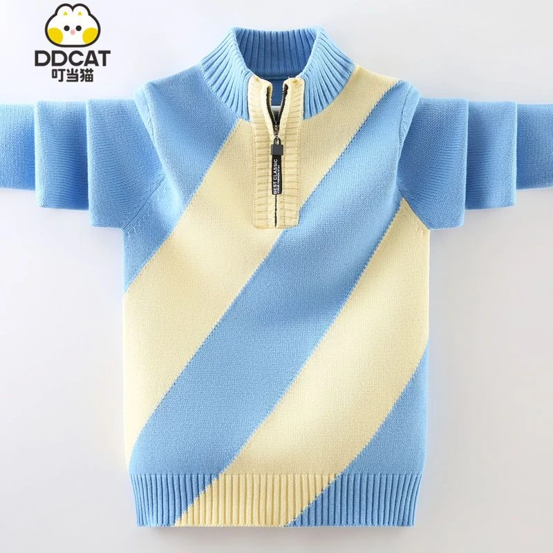 叮当猫男童毛衣加绒加厚秋冬装2023新款洋气中大童男孩纯棉针织衫
