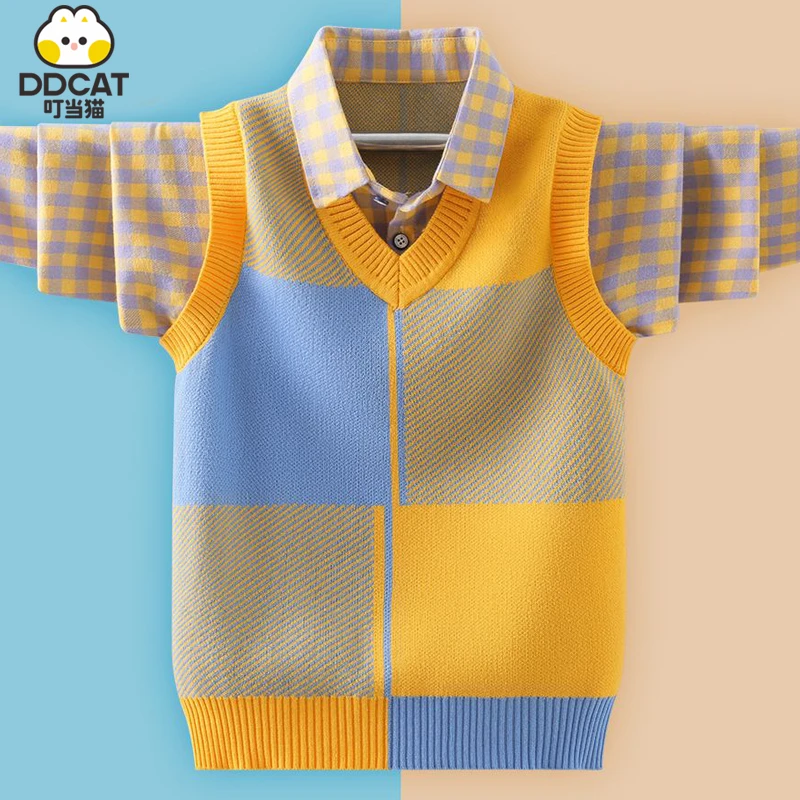 叮当猫儿童毛衣假两件男童帅气春秋外穿长袖男孩套头针织衫5-15岁