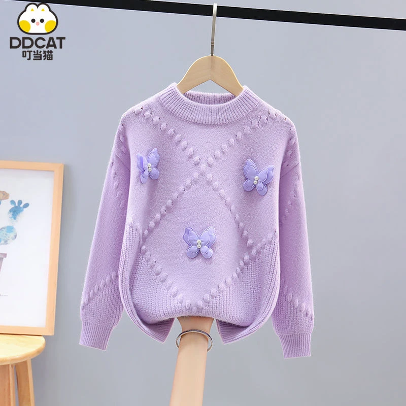 叮当猫女童厚毛衣秋冬装2023新款洋气中大儿童女孩套头加绒针织衫