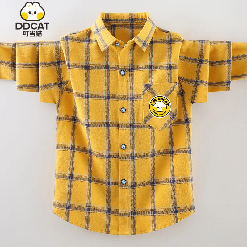 叮当猫男童衬衫长袖纯棉2025春秋新款洋气中大童男孩格子衬衣外套