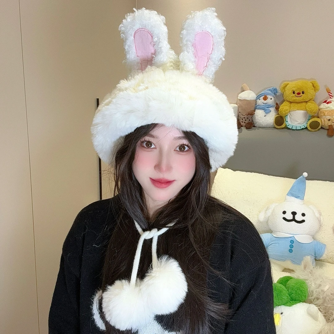 兔耳朵可折滑雪抗寒毛毛渔夫帽女冬季加厚保暖棉帽东北护耳毛绒帽