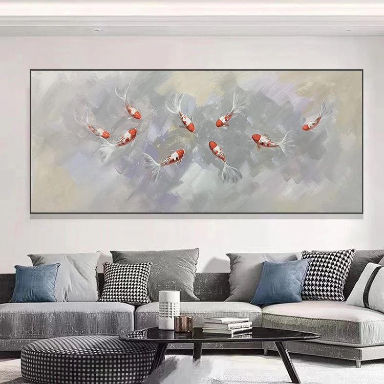 B《九鱼嘻戏》纯手绘油画，九鱼图，锦鲤， 现代简约家装，沙发背景。