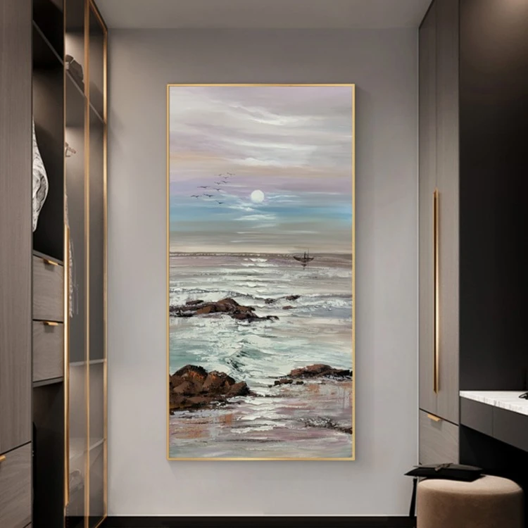D《海景1》手绘油画沙滩海浪客厅落地沙发墙挂画玄关画