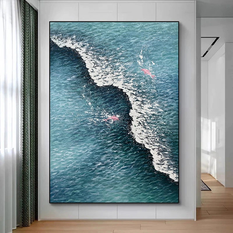 C《鱼聚生财》手绘油画海浪鲤鱼跃龙门客厅沙发背景墙挂画玄关画