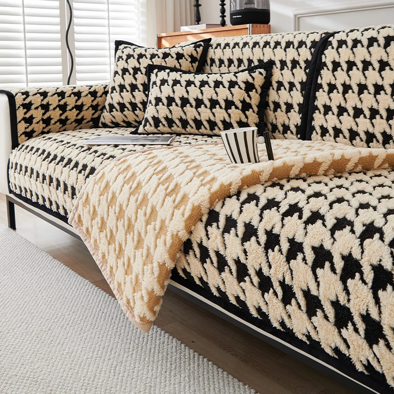 【千鸟格-长毛绒】秋冬加厚长毛绒客厅沙发防滑坐垫子套罩盖巾布