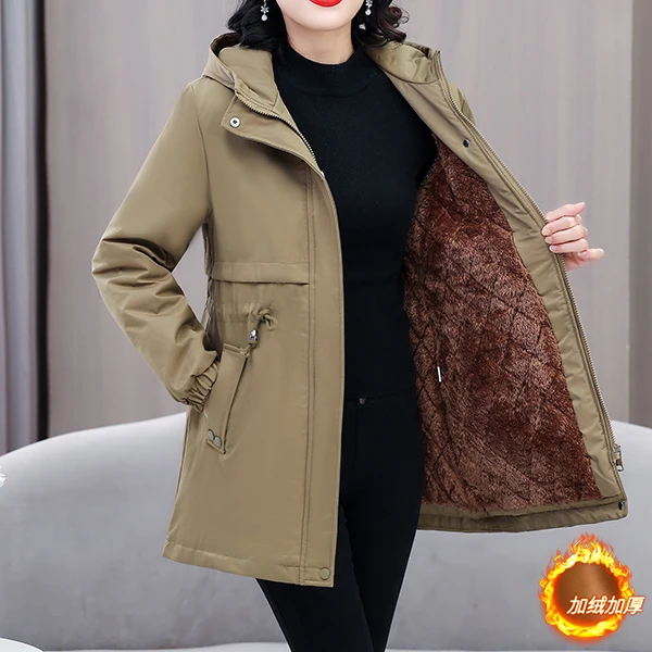 2024新款冬装加绒加厚连帽外套休闲时尚洋气减龄保暖中长款派克服