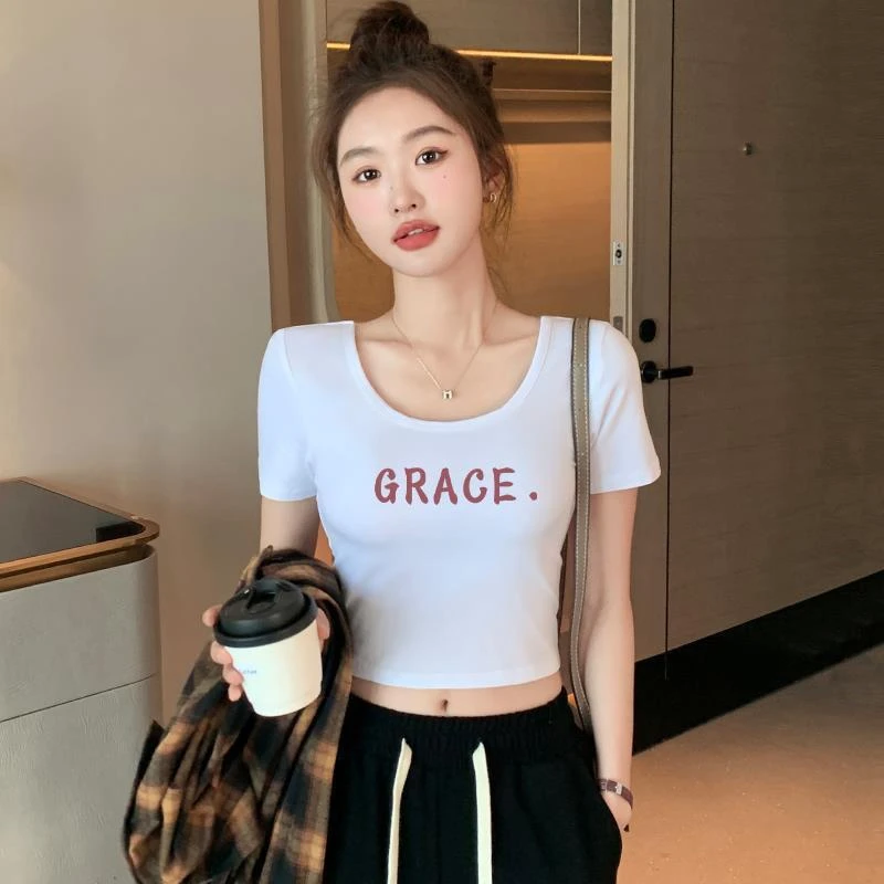 时尚减龄双U领百搭衣露锁骨美背小众T恤露脐显瘦韩版短款女装修身