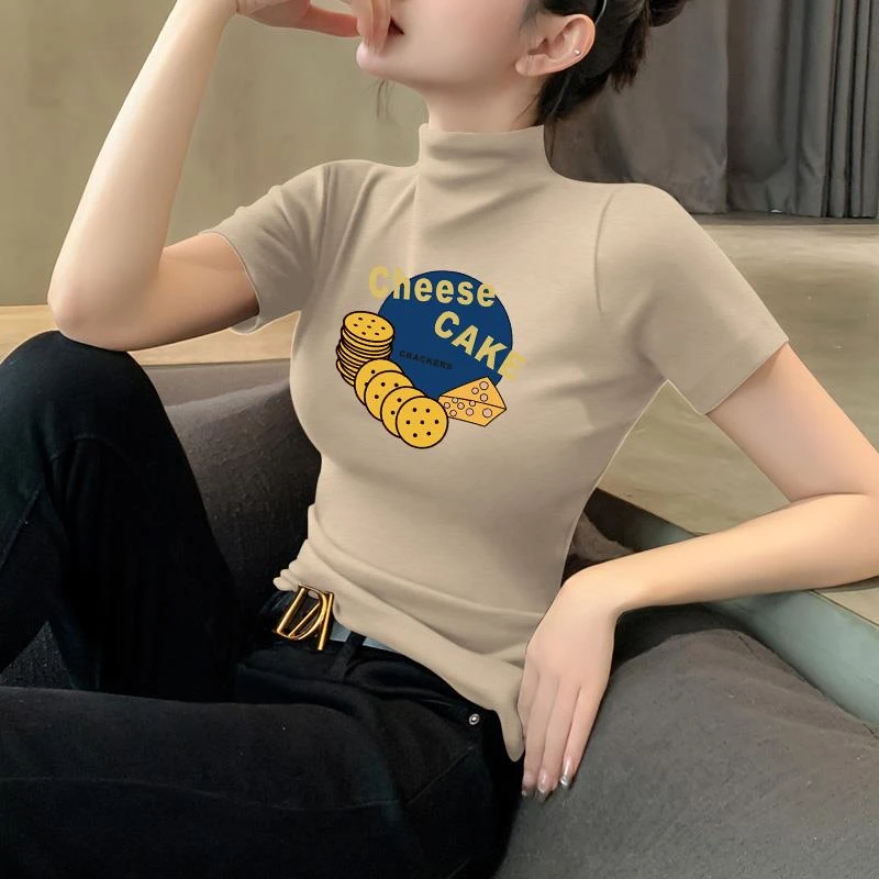 新款显瘦夏季短袖T恤女印花紧身洋气打底衫中袖上衣时尚百搭ins