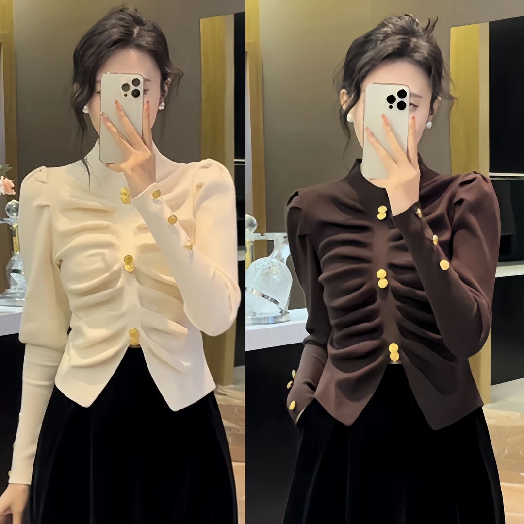 小香风泡泡袖半高领毛衣打底衫女2023秋冬新款褶皱内搭针织上衣潮