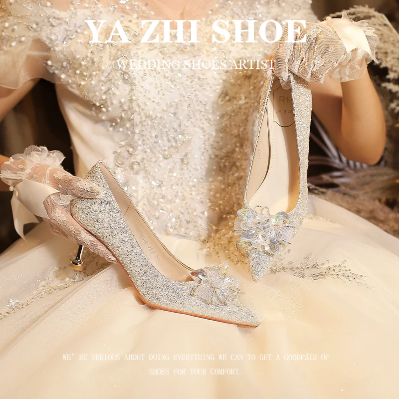 银色高跟鞋2025新款春秋亮片钻水晶主纱伴娘鞋秀禾两穿新娘结婚鞋
