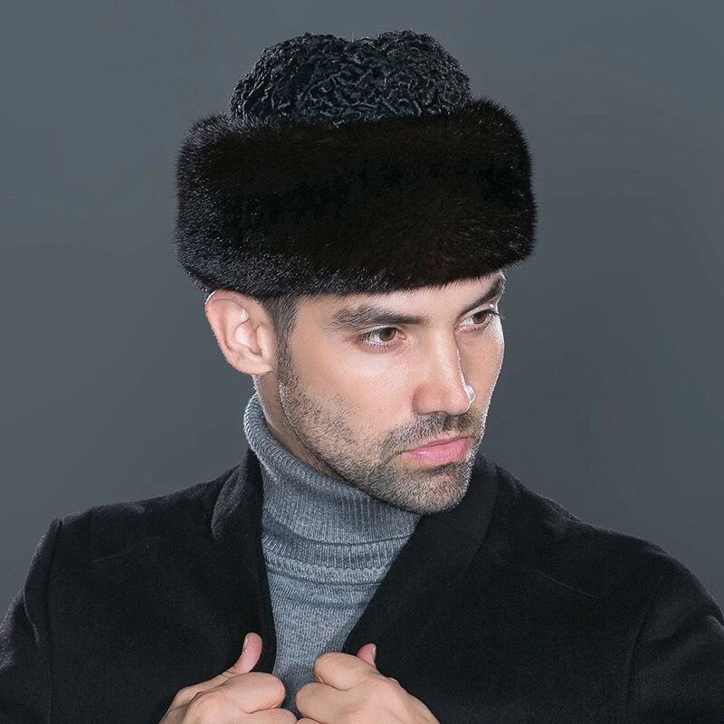 冬季户外进口水貂皮草帽子中老年人男帽羊羔毛貂皮法式帽防寒保暖