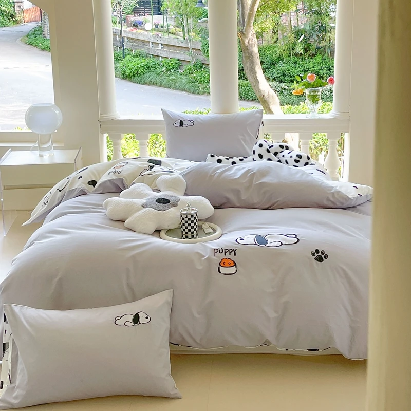 潮歌 趴趴狗 简约刺绣印花全棉纯棉四件套双面可盖四季通用