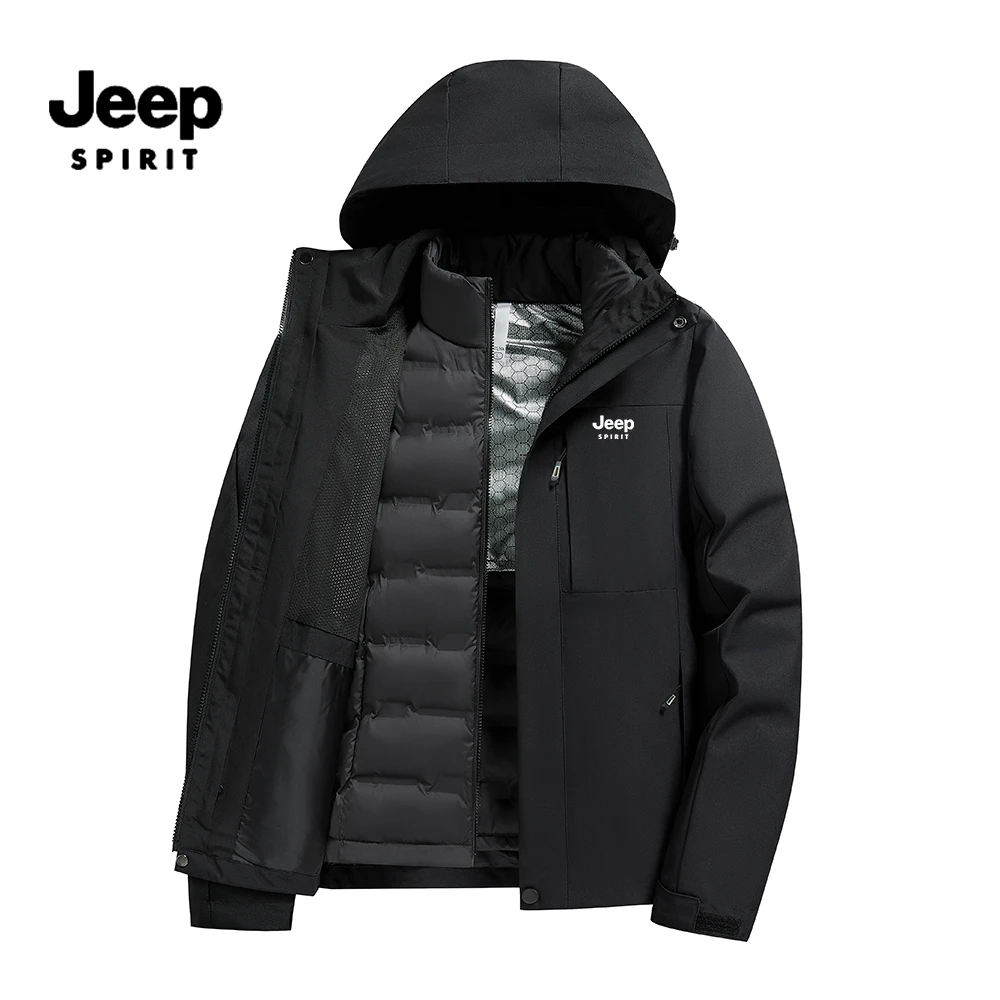 JEEPSPIRIT吉普冬季加绒外套三合一可拆卸两件套防风防水登山夹克