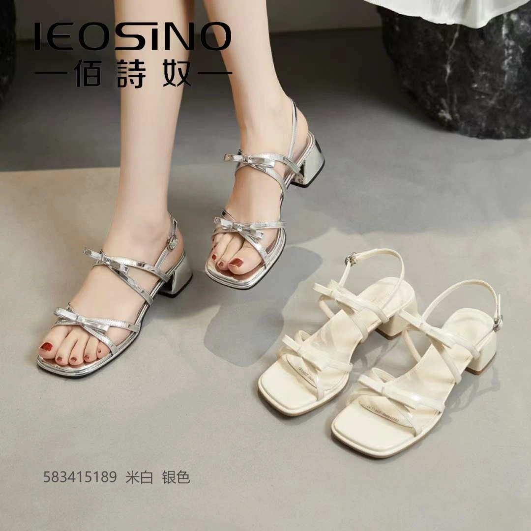 583415189佰诗奴粗跟蝴蝶结凉鞋女2024夏福利一字带法式配裙子女