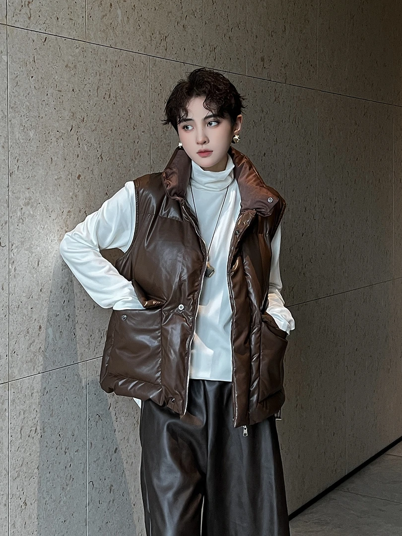 简约设计感皮面加绒加厚棉服背心冬季灯芯绒自发热内衬马甲外套潮