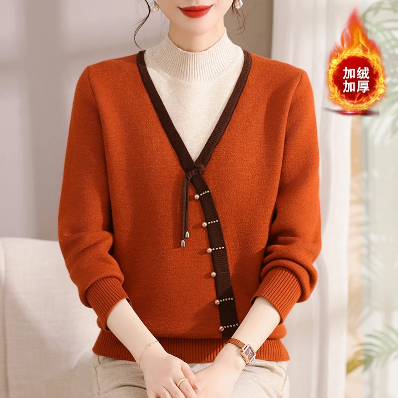 妈妈秋冬装2024新款假两件加绒加厚毛衣中老年女一体绒气质打底衫
