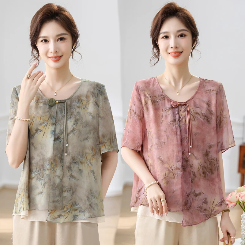气质妈妈夏装新中式t恤中老年女装休闲小衫上衣大码贵夫人衣服