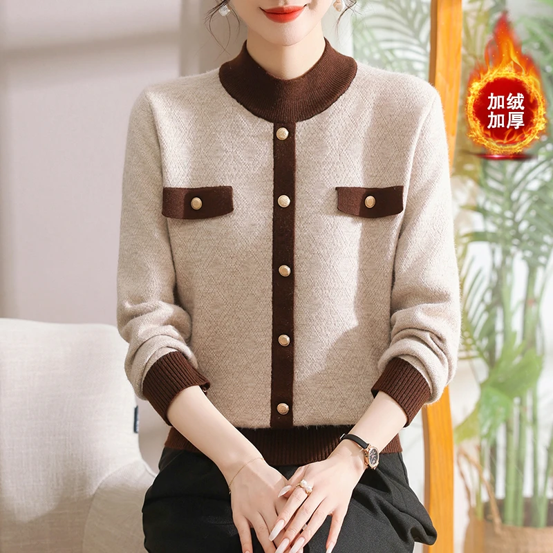 妈妈冬装加绒加厚毛衣一体绒打底衫40岁中老年女装冬季内搭针织衫