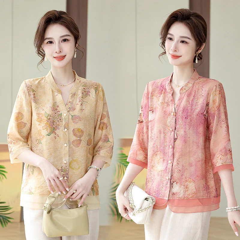 中年妈妈夏装衬衫2024新款中老年女装春夏上衣七分袖小衫大码碎花