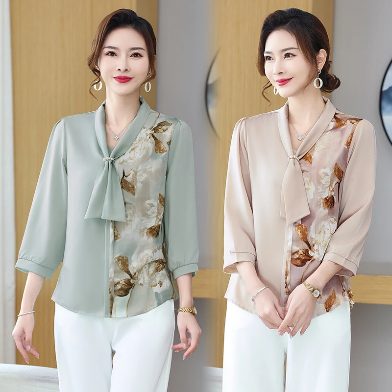 中年妈妈春装七分袖小衫中老年女气质雪纺衬衫2024春秋新款上衣服