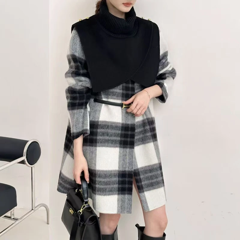 可脱卸披肩斗篷格子双面呢大衣三件套女中长款韩系宽松毛呢外套