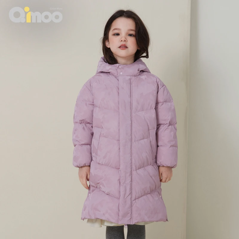 Qimoo 童装冬季男女可爱保暖迷彩中长款防风连帽羽绒服QYH4YP208B